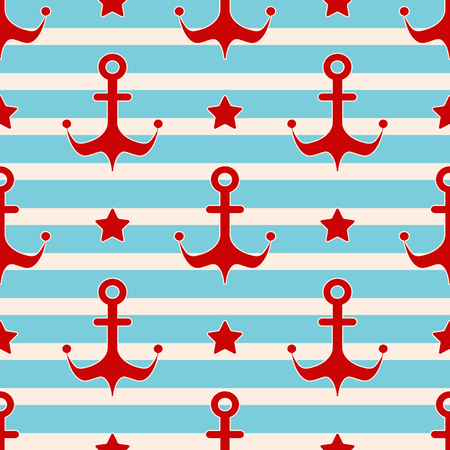 Maritime mood, Seamless nautical pattern with anchors, stars and sailor stripesのイラスト素材