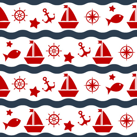 Maritime mood, Seamless nautical pattern with silhouettes, retro symbolsのイラスト素材