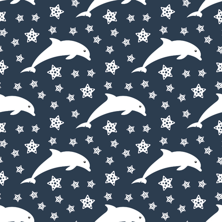 Dolphins in the sky, Seamless nautical pattern with dolphin silhouettes and stars, dark blue backgroundのイラスト素材