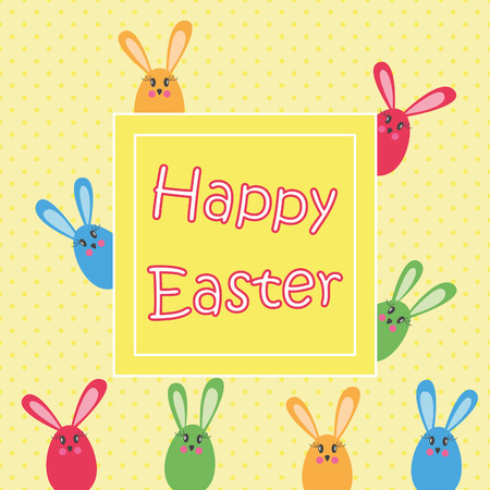 Happy Easter Postcard, Colorful card with cute bunnies and greetingsのイラスト素材