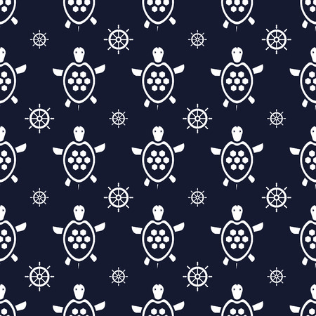 Funny turtles, seamless nautical pattern with turtles and steering wheels, vector illustrationのイラスト素材
