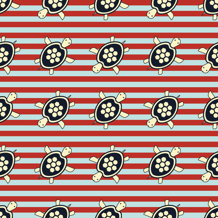 Turtle pattern, Seamless nautical illustration with cute turtle, striped backgroundのイラスト素材