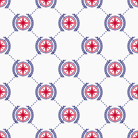 Maritime mood, Seamless nautical pattern with wind rose and wreathのイラスト素材