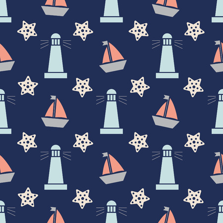 Nautical pattern, Seamless vector illustration with ships and lighthousesのイラスト素材