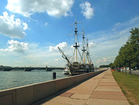 Sailboat on the Neva River on a summer day, St.Petersburg, Russia - July 2016