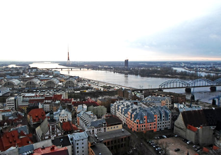 Panoramic view to the city center of old Riga from the Saint Peter's Church's tower, Latvia - December 2016のeditorial素材