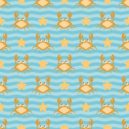 Crabs and stars, Seamless nautical pattern with funny cartoon crabs, striped backgroundのイラスト素材