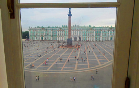 View through the window to the Palace Square, the Hermitage and the Alexander Column in Saint Petersburg, Russia - July 2016のeditorial素材