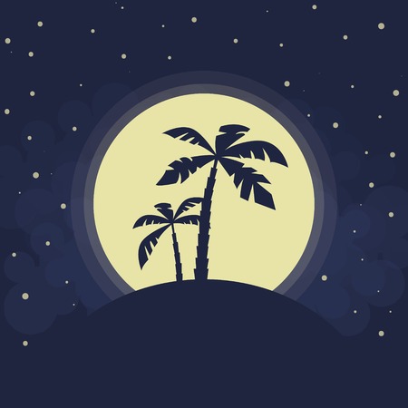 Dark palms silhouettes, full moon and stars, vector backgroundのイラスト素材