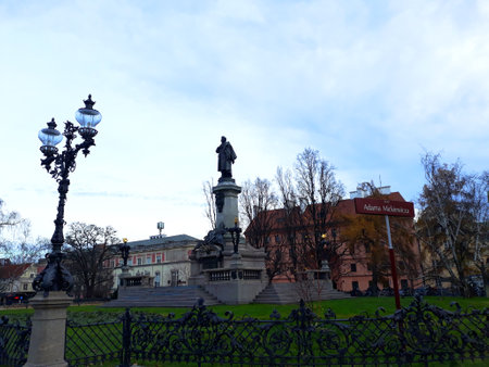 Warsaw, Poland - December 15, 2017: Adam Mickiewicz Monument at the Krakowskie Przedmiecieのeditorial素材