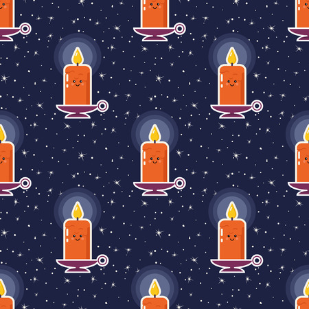 Cartoon candle with funny face on dark background with stars, flat design, seamless patternのイラスト素材