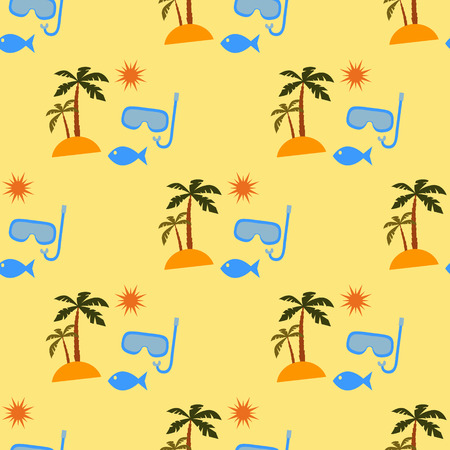 Vacation pattern, Seamless vector illustration with desert island, mask for diving, fishのイラスト素材