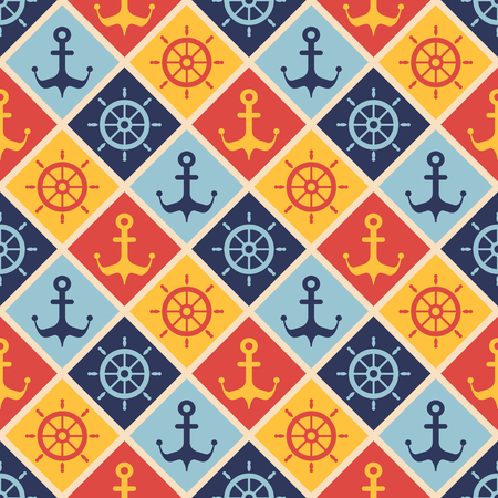 Maritime mood, Seamless nautical pattern with steering wheels and anchors, vintage styleのイラスト素材