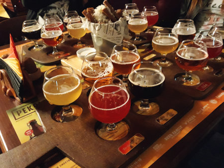 Saint Petersburg, Russia - August 6, 2018: Assorted Beers in Flight Ready for Tastingのeditorial素材