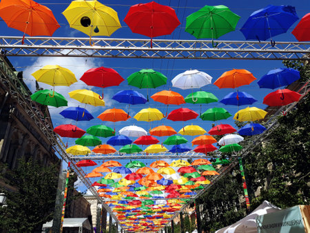 Saint Petersburg, Russia - August 6, 2018: Colorful floating umbrellas in St. Petersburg Petersburgのeditorial素材