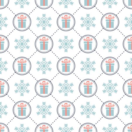 Christmas presents. Seamless vector illustration with gift boxes and bows, snowflakesのイラスト素材