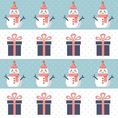 Christmas presents and snowmen. Seamless vector illustration with gift boxes and bows, funny snowmenのイラスト素材