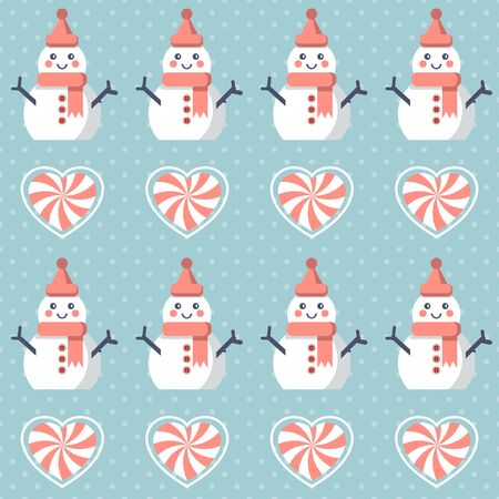 Christmas pattern. Seamless vector illustration with snowman and heart-shaped candiesのイラスト素材