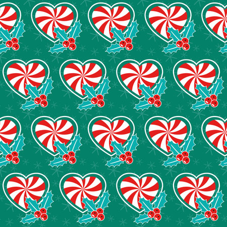 Romantic Christmas. Seamless vector illustration with mistletoe and heart shaped candy canes. winter backdropのイラスト素材