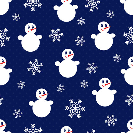 snowman. Seamless vector pattern with stylized snowmen and snowflakes. winter patternのイラスト素材