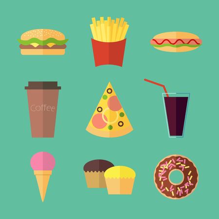 Collection of food icons in flat design style.のイラスト素材