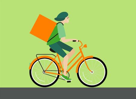 Delivery man rides a bicycle. Vector illustration.のイラスト素材
