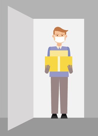 Delivery of goods during the prevention of coronovirus, Covid-19. Courier in a face mask with a box in his hands. Vector illustration.のイラスト素材