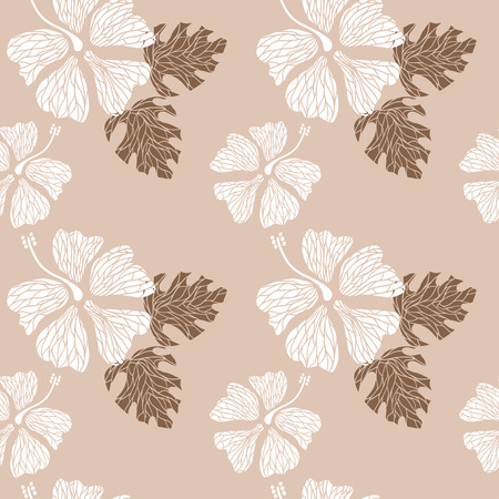 seamless pattern with hand drawn hibiscus flowers and leaves on the nude background vectorのイラスト素材
