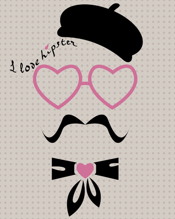abstract vector hipster silhouette with beret, heart glasses, mustache and heart cravat on the vintage polka dot backgroundのイラスト素材