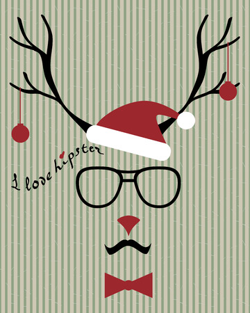 abstract vector hipster-deer silhouette with santa hat, aviator sunglasses and mustache on the vintage striped backgroundのイラスト素材