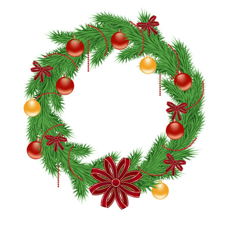 christmas wreat decorated with balls, garland and bows for designのイラスト素材