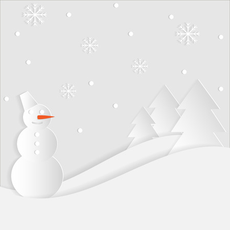 winter paper landscape with snowman, christmas trees and snowflakes のイラスト素材