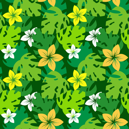 seamless pattern with frangipani flowers and monsters leaves vector backgroundのイラスト素材
