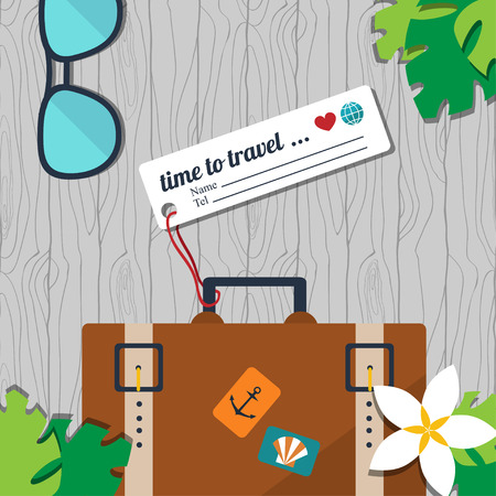 vector card template with retro suitcase with name tag, sunglasses and floral elements on the seamless wood backgroundのイラスト素材