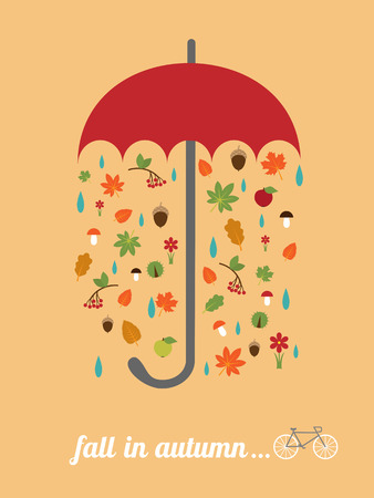 vector card template with red umbrella, falling leaves, retro bike and slogan "fall in autumn"のイラスト素材