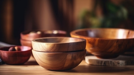Wooden bowls on the wooden table in the rustik kitchen, background with copy space for design, generative AIの素材