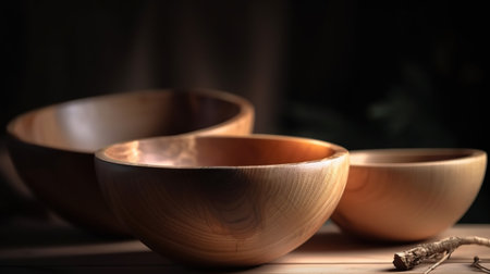 Three wooden bowls on the wooden table, rustic background with copy space, generative AIの素材