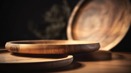 Wooden flat plates on the wooden table, rustick kitchen background, generative AIの素材