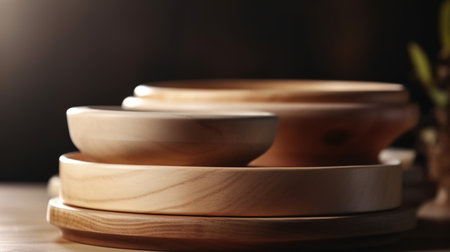Stack of wooden tableware on the wooden table, rustick kitchen background, generative AIの素材