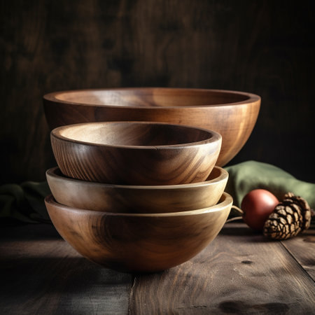 Stack of wooden bowls on the wooden table with a cone and green napkin on it, rustick kitchen background, generative AIの素材