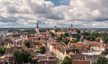 Tallinn City skyline with red tiled roofs and churches' steeples in summer dayのeditorial素材