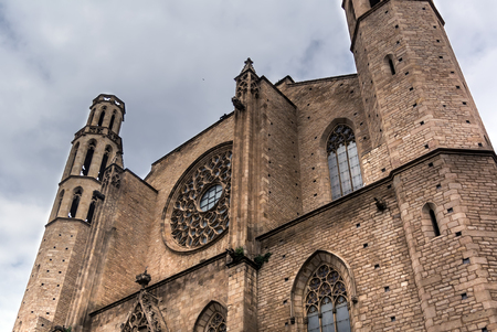 The west end and rose window of the Catalan Gothic Santa Maria del Mar church in Barcelona,also known as theの写真素材