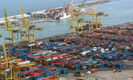 Barcelona, Spain - May 10, 2018: Barcelona industrial cargo port aerial view from Montjuic hill....