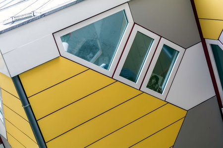 Tilted windows of one of the Cube Houses in Rotterdam, Netherlands. It is a set of innovative houses...
