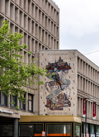Rotterdam, Netherlands - May 22, 2018: Office building mosaic where horseman is the famous philosopher Erasmus, born in Rotterdam and died in Basel, Switzerland. These two cities connected by Rhine.のeditorial素材