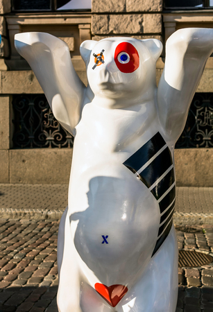 Riga, Latvia - July 15, 2018: Netherlands bear at United Buddy Bears international art exhibition (Artist: Otto J Stuurman). Exhibition promotes peace, love, tolerance and international understanding.のeditorial素材