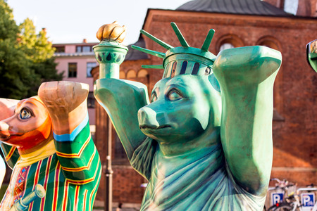 Riga, Latvia - July 15, 2018: USA bear at United Buddy Bears international art exhibition (Art: Bill C. and Jullian Ray ). Exhibition promotes peace, love, tolerance and international understanding.のeditorial素材
