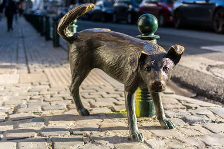 Brussels, Belgium - December 13, 2018: Het Zinneke, sometimes wrongly called Zinneke Pis - a bronze statue of peeing dog lifting his leg onto a Brussels street pole.のeditorial素材