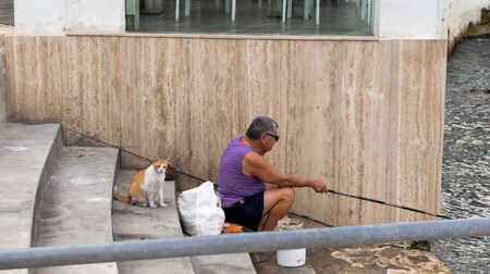 Valletta, Malta - August 30, 2019: Fisher and Cat. Red and white cat waiting for fisherman to catch fish at Valletta ferry port steps. Cats of Malta.のeditorial素材