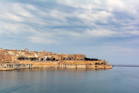 Magnificent view of Valletta from Senglea Gardjola gardens. Valletta reflecting in calm...